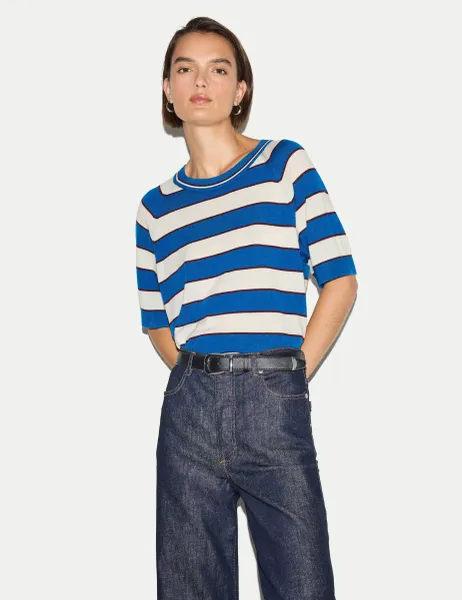 Jigsaw Pure Merino Wool Striped Relaxed Knitted T-Shirt Blue Mix
