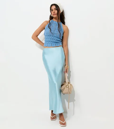 New Look Women's Light Blue Satin Bias Cut Midi Skirt