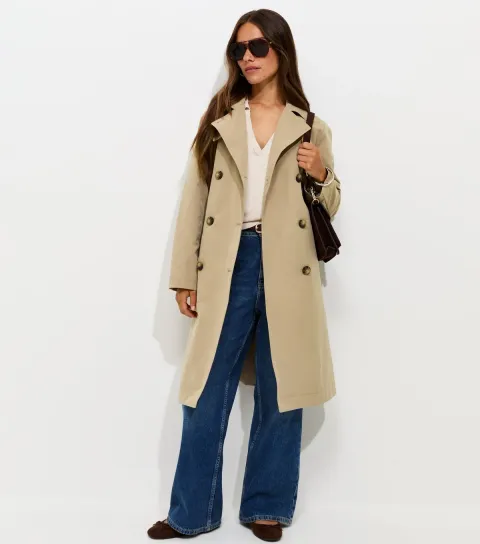 Women's Petite Stone Double Breasted Trench Coat