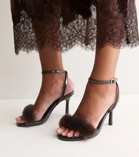 New Look Women's Dark Brown Faux Leather Fluffy Strap Stiletto Sandals Vegan