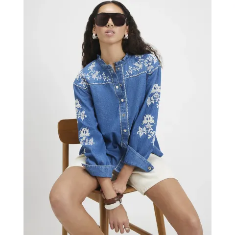 River Island Denim Long Sleeve Embroidered Blouse