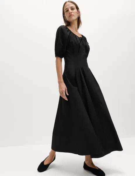 Marks & Spencer Pure Cotton Pleated Midi Waisted Tea Dress Black
