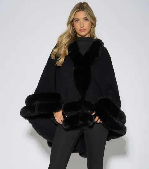 Gini London Women's Black Faux Fur Trim Cape