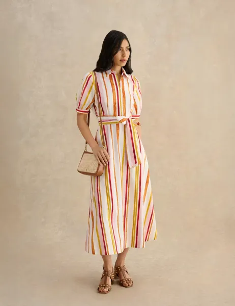 Hobbs Pure Cotton Striped Midi Skater Shirt Dress White Mix