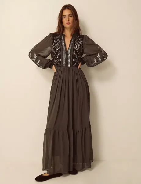Monsoon Embellished V-Neck Maxi Tea Dress Chocolate