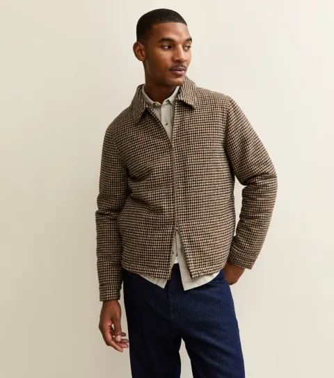 Men's Brown Relaxed Quilted Checked Zip Up Jacket