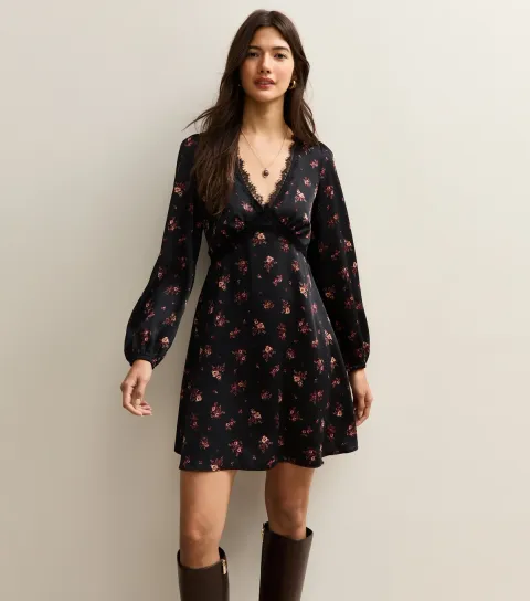 Women's Black Floral Lace Trim Mini Dress