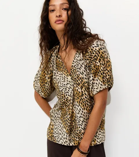 Women's Brown Animal Print Puff Sleeve Blouse