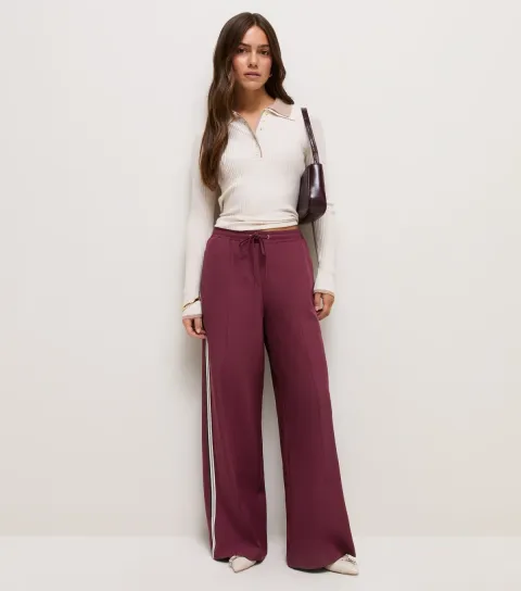 Women's Petite Dark Burgundy Side Stripe Wide Leg Trousers