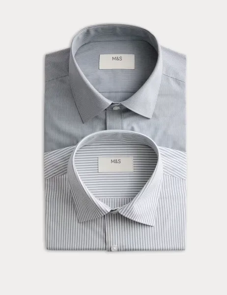 Marks & Spencer 2 Pack Regular Fit Easy Iron Striped Shirts Green Mix