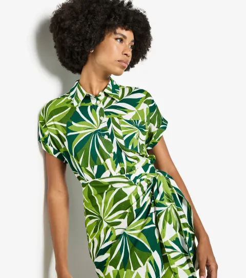Women's Green Tropical Leaf Print Mini Shirt