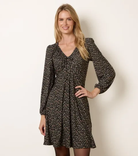 Blue Vanilla Women's Black Floral Print V-Neck Swing Mini Dress