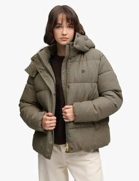 Superdry & Co Checked Hooded Puffer Jacket Brown