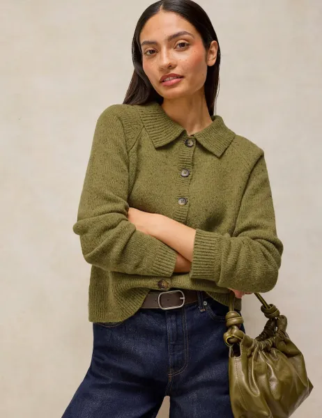 White Stuff Wool Rich Collared Cardigan Green