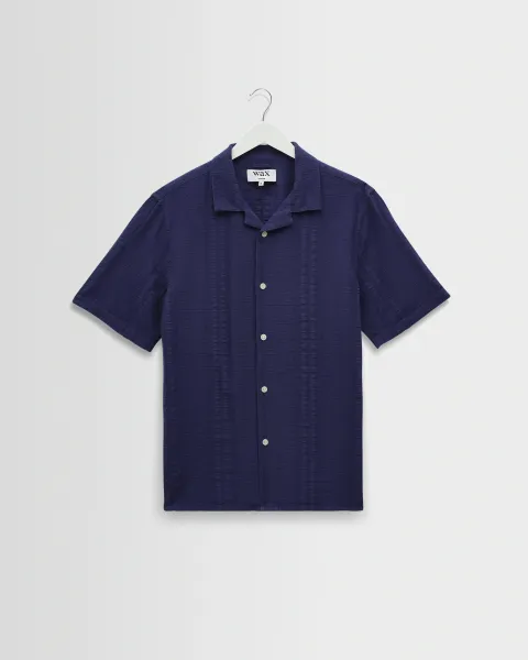 Didcot - Dark Blue Double-Weave Seersucker Short-Sleeve Shirt
