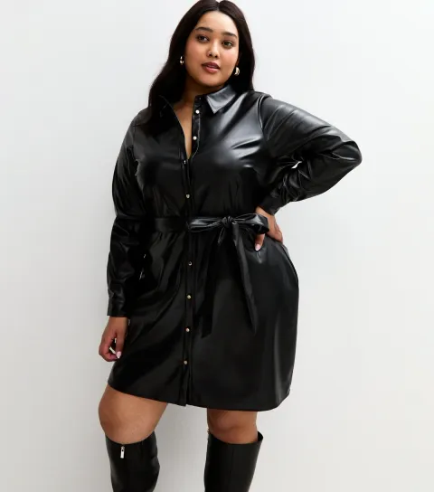 Women's Plus Size Black Faux Leather Button Up Mini Dress Curves
