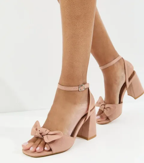 Women's Light Pink Faux Suede Bow Block Heel Sandals Vegan