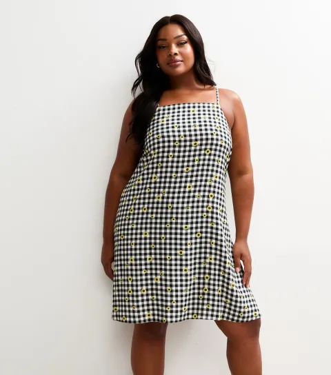 Women's Plus Size Black Gingham Check Floral Print Mini Dress Curves