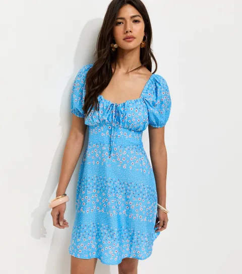 Women's Blue Daisy Pattern Milkmaid Mini Dress