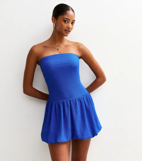 Women's Bright Blue Textured Bubble Hem Bandeau Mini Dress