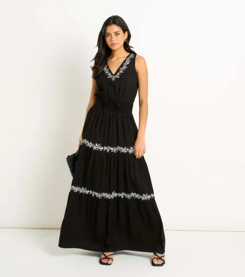 Women's Black Floral Embroidery Maxi Dress