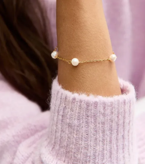 Gold Tone Waterproof Faux Pearl Chain Bracelet
