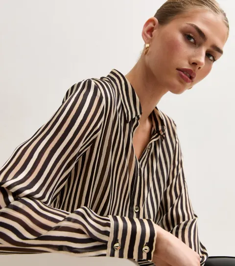 New Look Women's Brown Striped Satin Oversized Shirt