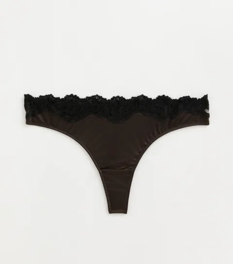 Women's Dark Brown Satin & Lace Top Thong