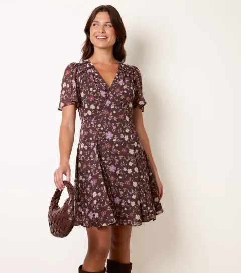 Blue Vanilla Women's Dark Brown V-Neck Floral Print Mini Dress
