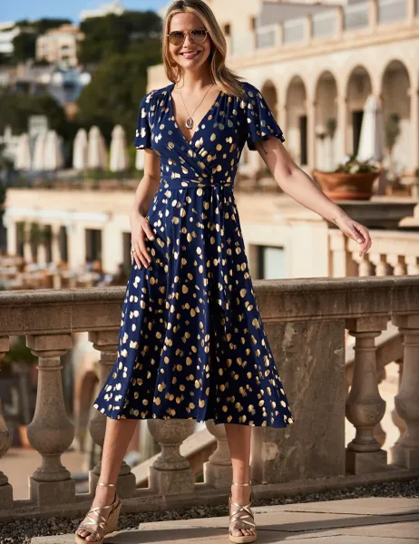 SOSANDAR Metallic Spot Print V-Neck Midi Wrap Dress Navy Mix