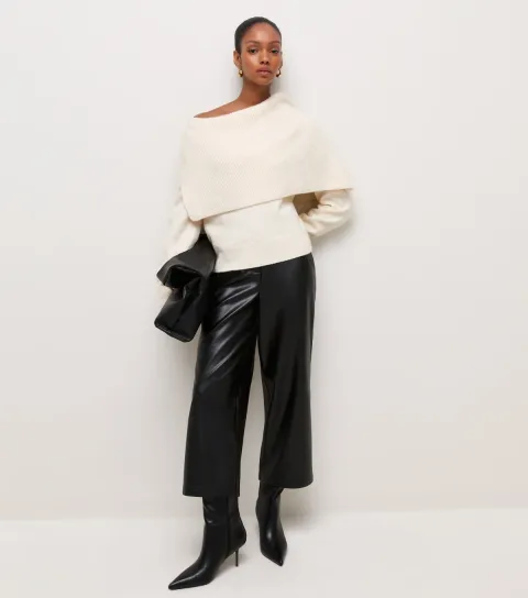 Women's Black Faux Leather Wide Leg Culottes