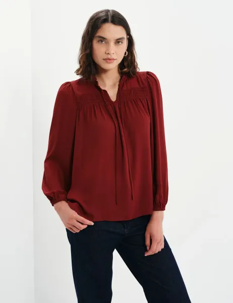 Finery London Shirred Tie Neck Blouse Burgundy