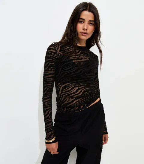 Women's Black Mesh Jersey Zebra Flocked Long Sleeve Top
