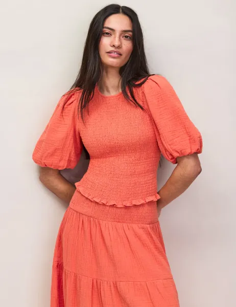 RO&ZO Pure Cotton Cheesecloth Shirred Top Orange