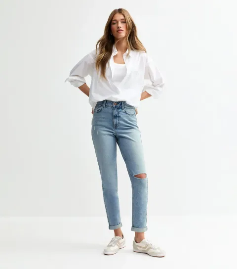 Women's Blue Tori Ripped Knee Tapered Leg Mom Jeans