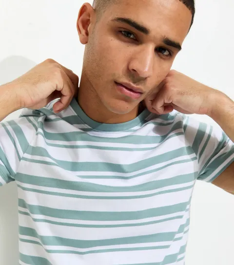 Men's Green Regular Short Sleeve Striped T-Shirt
