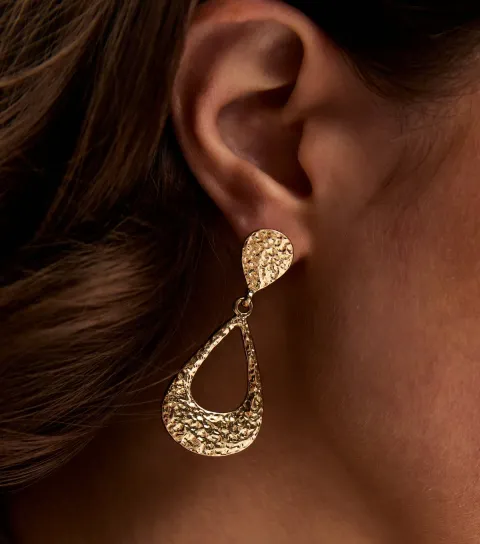 Gold Tone Textured Cut Out Oval Drop Earrings