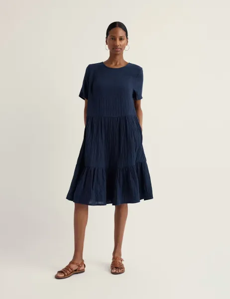 Seasalt Cornwall Pure Cotton Knee Length Relaxed Tiered Dress Navy