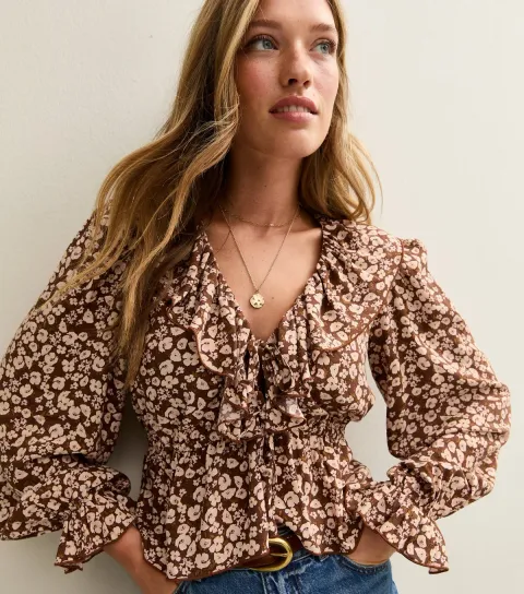 New Look Women's Brown Floral Print V-Neck Peplum Blouse