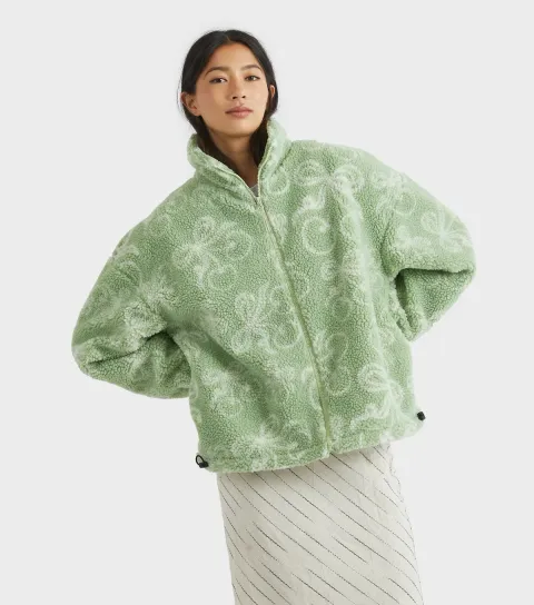 Women's Green Cherry Pattern Borg Jacket