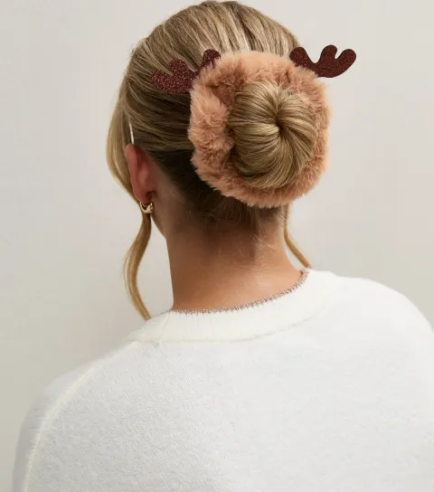 New Look Brown Christmas Faux Fur Reindeer Scrunchie