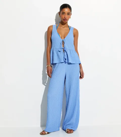 Women's Light Blue Textured Jersey Beach Trouser