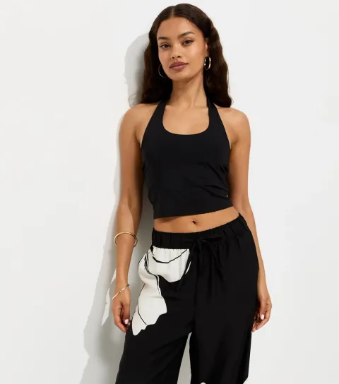 Women's Petite Black Slinky Jersey Halter Neck Top