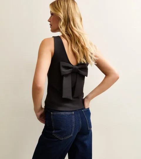 Women's Black Bow Back Square Neck Top