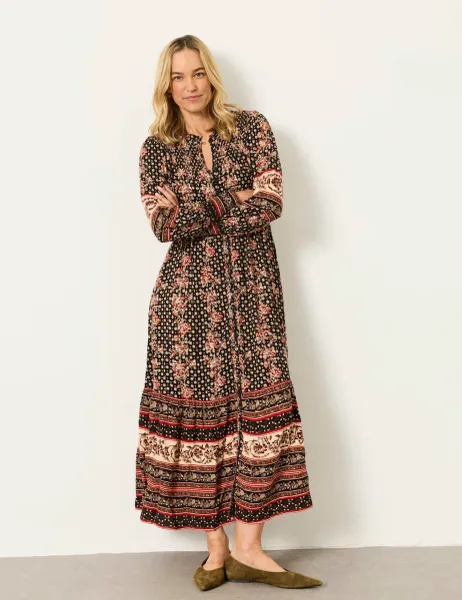 FatFace Floral Blouson Sleeve Maxi Tea Dress Black Mix