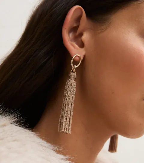 New Look Gold Tone Brown Oval Stud Tassel Drop Earrings