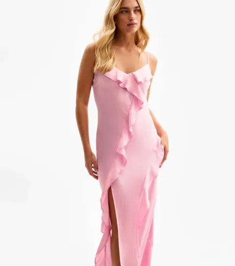 New Look Women's Pink Ruffle Trim Satin Midi Dress