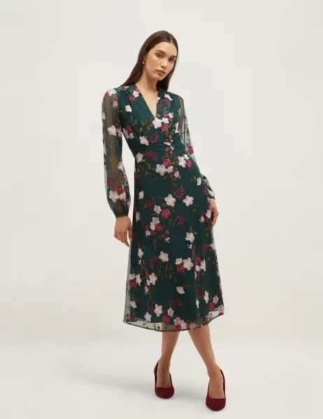 Hobbs Floral Embroidered V-Neck Skater Dress Green Mix