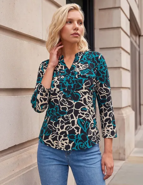 Roman Petite Abstract Print Button Top Black Mix