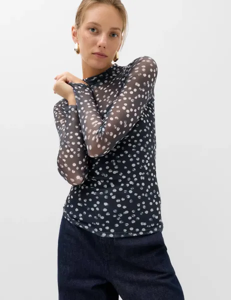 Marks & Spencer Mesh Jersey Polka Dot High Neck Fitted Top Black Mix